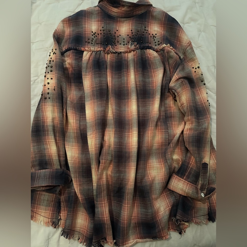 Free People Plaid Button Up Shirt bronze Studded Details Size L pink/blue/cream